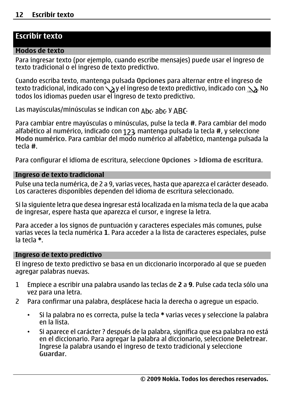 Escribir texto, Modos de texto, Ingreso de texto tradicional | Ingreso de texto predictivo | Nokia 7020 User Manual | Page 48 / 74