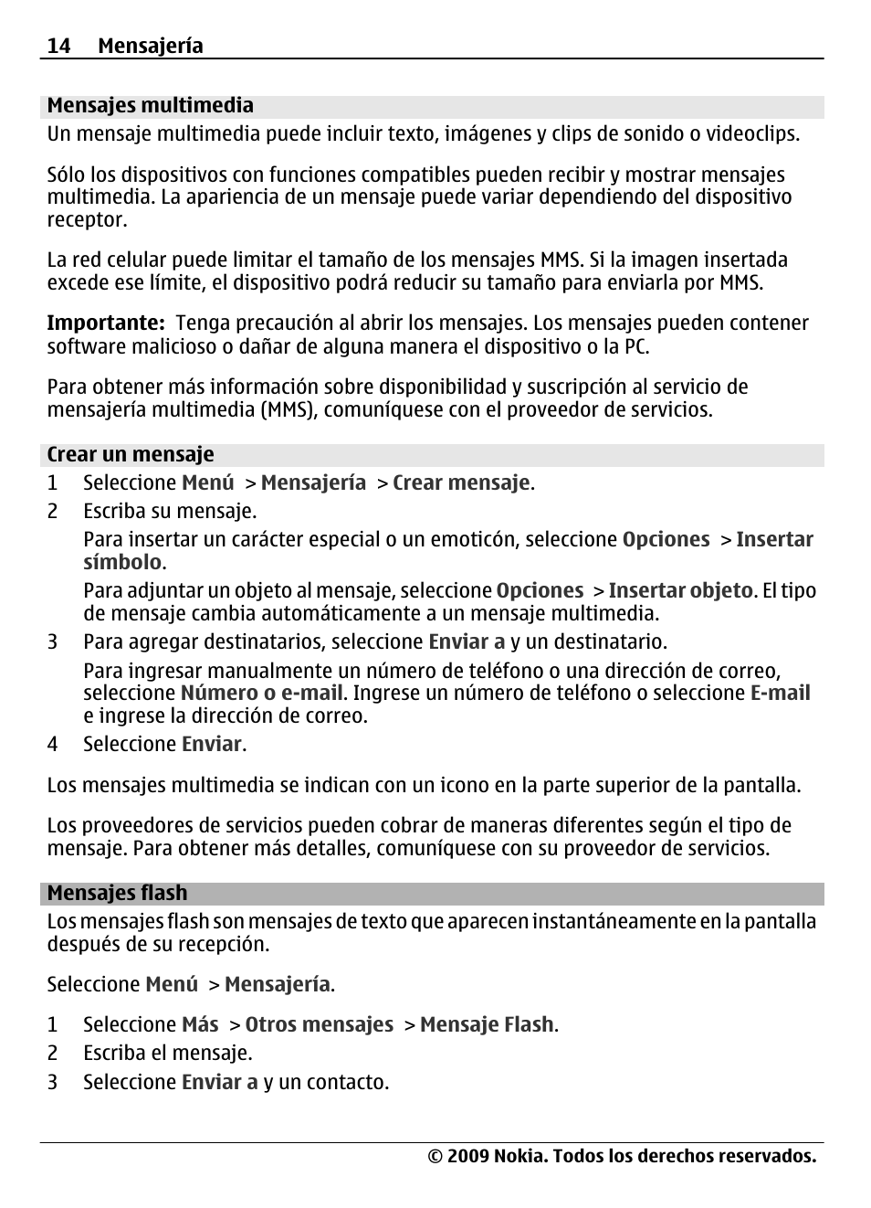 Mensajes multimedia, Crear un mensaje, Mensajes flash | Nokia 7020 User Manual | Page 50 / 74