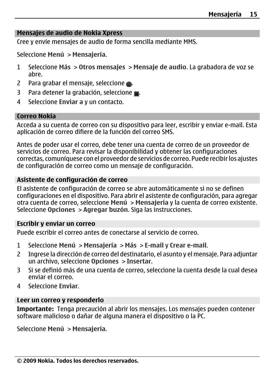 Mensajes de audio de nokia xpress, Correo nokia, Asistente de configuración de correo | Escribir y enviar un correo, Leer un correo y responderlo | Nokia 7020 User Manual | Page 51 / 74