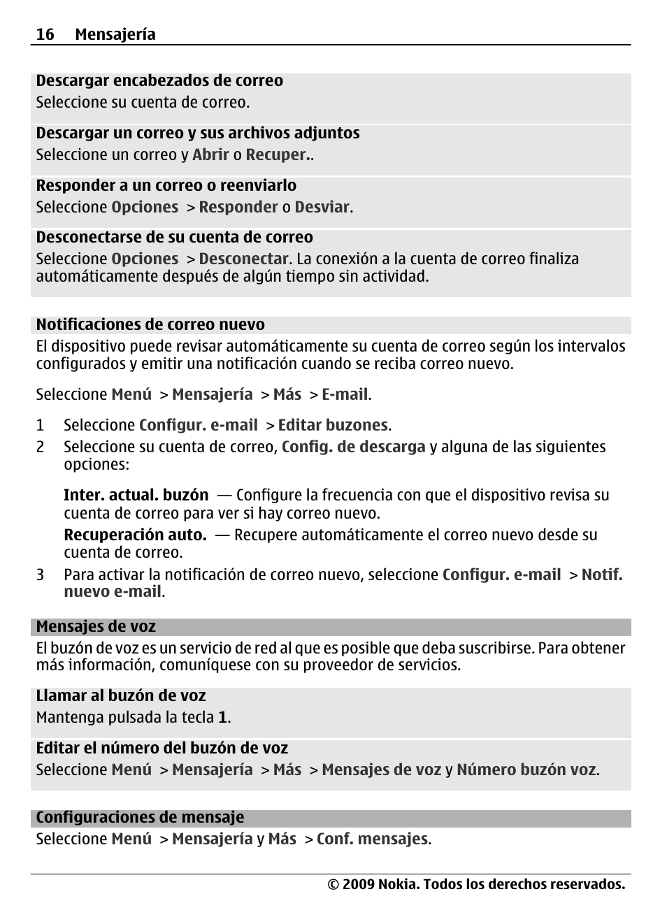 Notificaciones de correo nuevo, Mensajes de voz, Configuraciones de mensaje | Nokia 7020 User Manual | Page 52 / 74