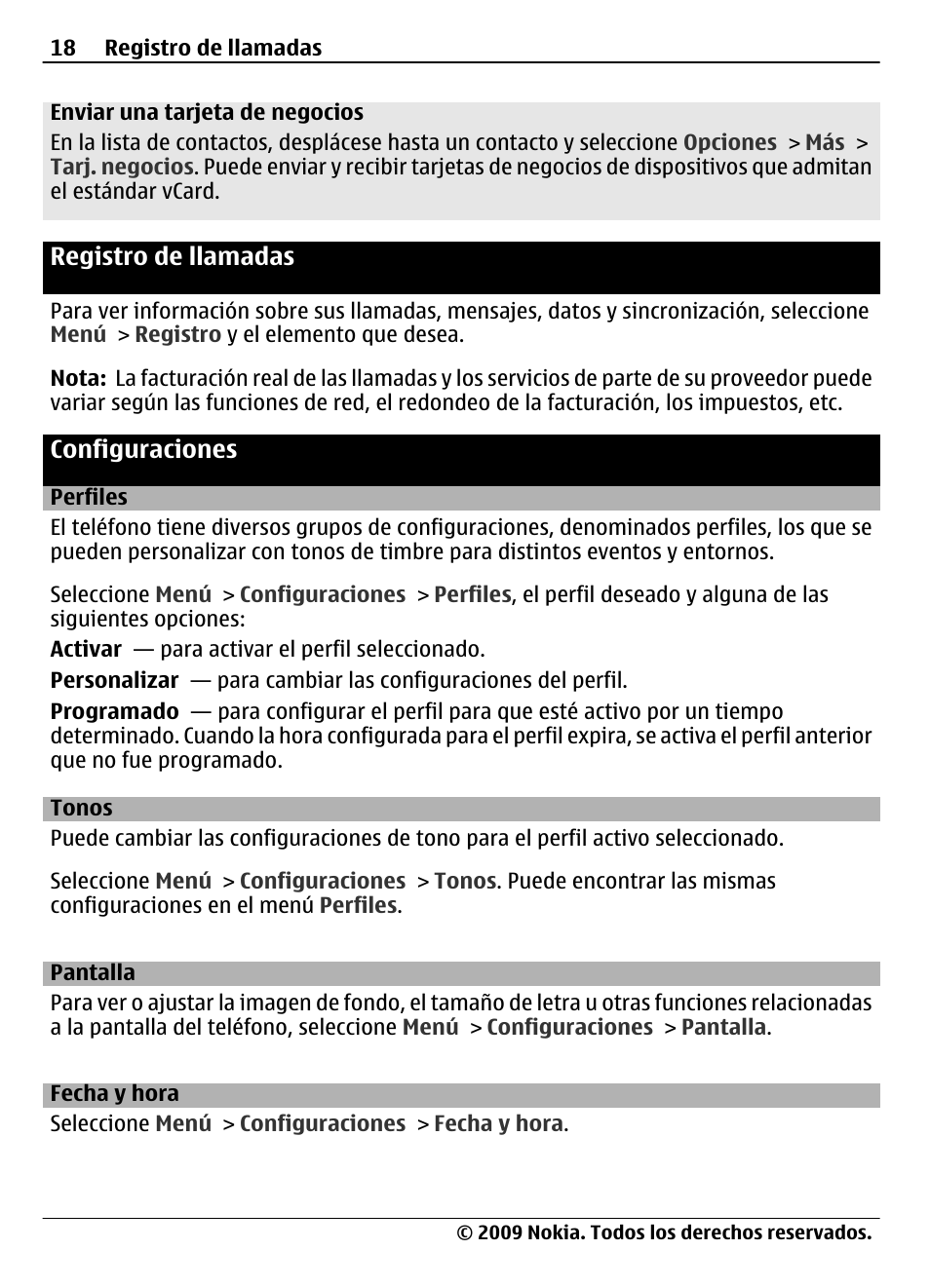 Registro de llamadas, Configuraciones, Perfiles | Tonos, Pantalla, Fecha y hora | Nokia 7020 User Manual | Page 54 / 74