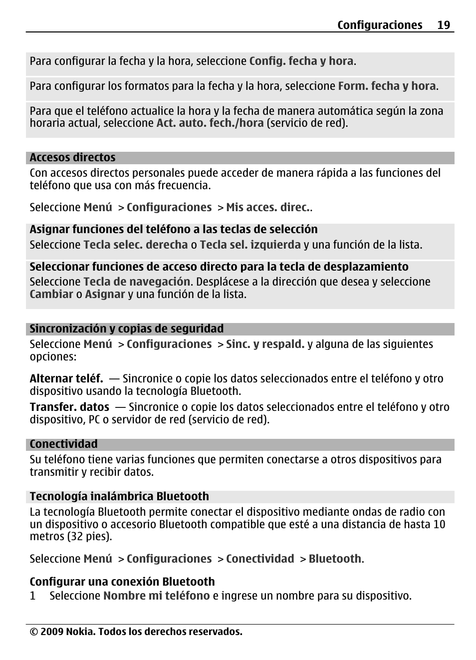 Accesos directos, Sincronización y copias de seguridad, Conectividad | Tecnología inalámbrica bluetooth, Sincronización y copias de, Seguridad | Nokia 7020 User Manual | Page 55 / 74