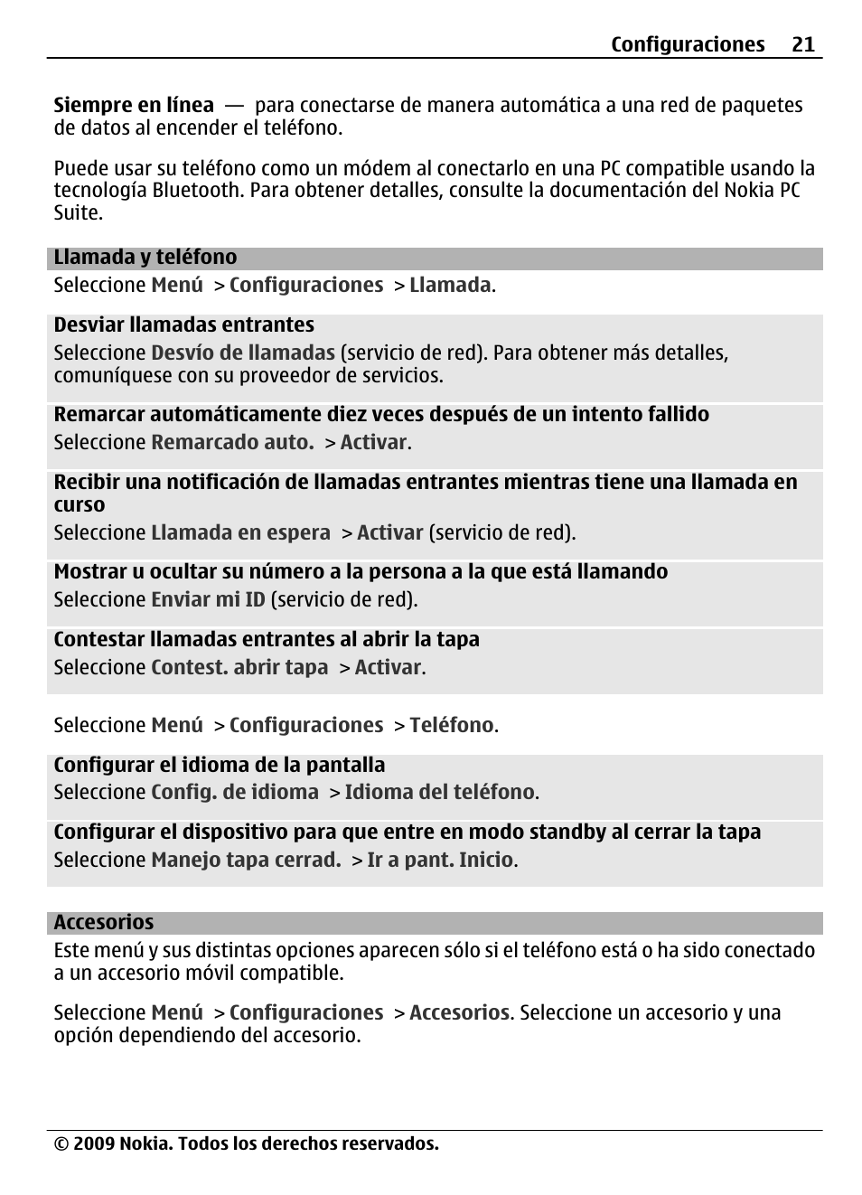 Llamada y teléfono, Accesorios | Nokia 7020 User Manual | Page 57 / 74