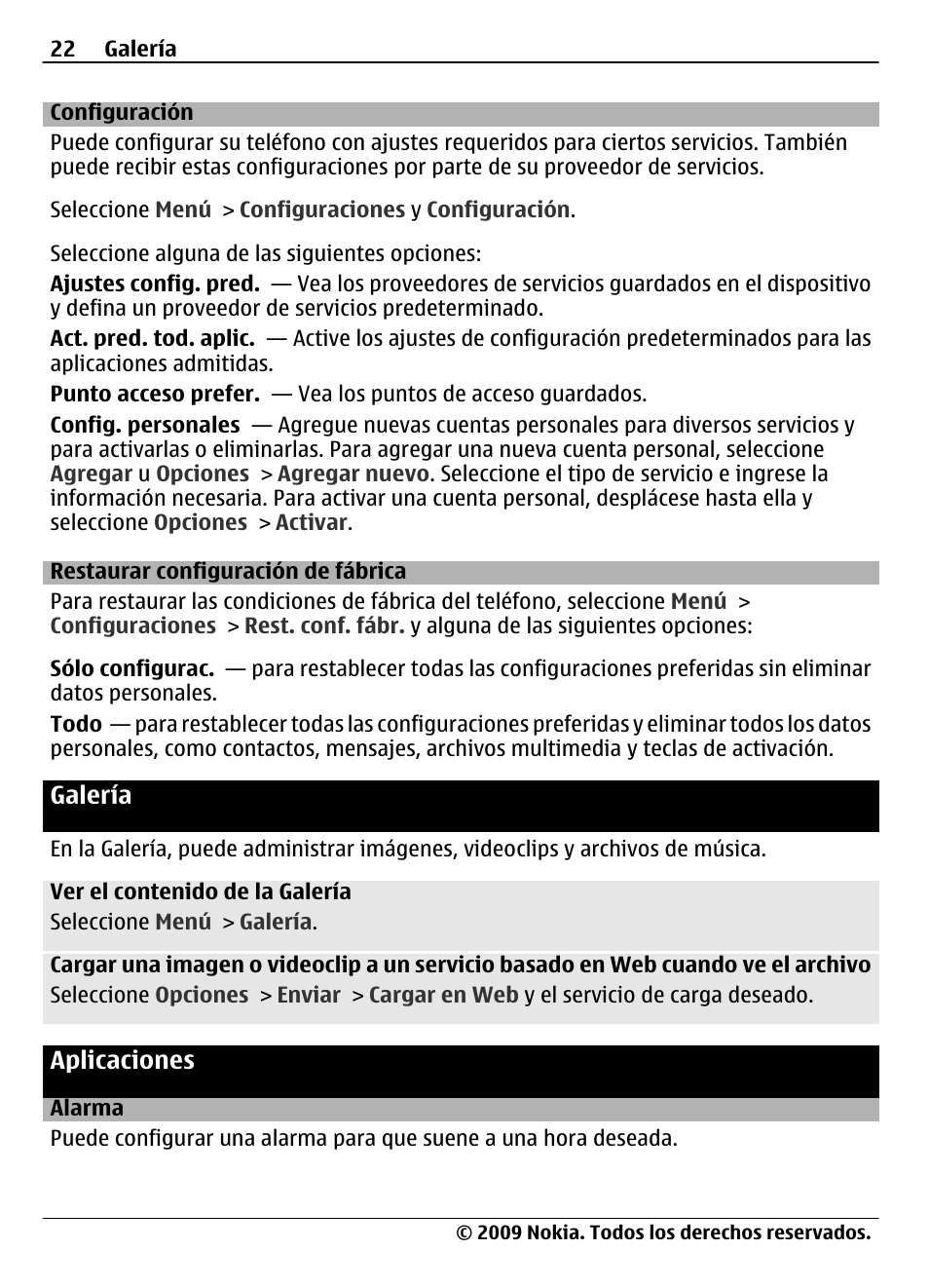 Configuración, Restaurar configuración de fábrica, Galería | Aplicaciones, Alarma | Nokia 7020 User Manual | Page 58 / 74