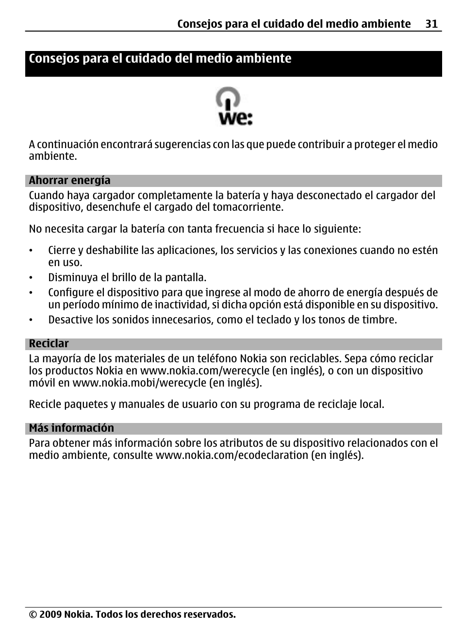 Consejos para el cuidado del medio ambiente, Ahorrar energía, Reciclar | Más información, Consejos para el cuidado del medio, Ambiente | Nokia 7020 User Manual | Page 67 / 74