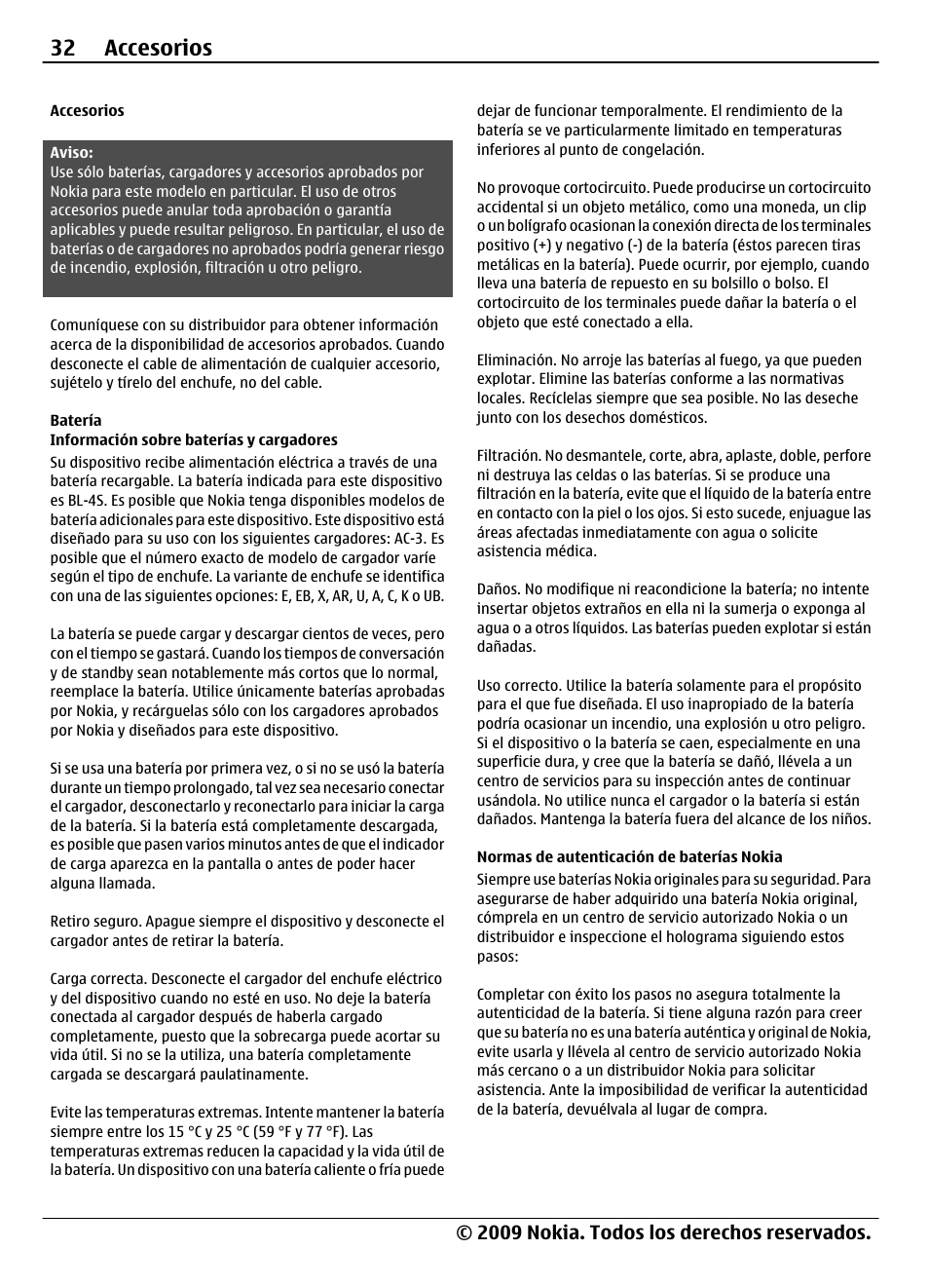 Accesorios, Batería, Información sobre baterías y cargadores | Normas de autenticación de baterías nokia, Información sobre baterías y, Cargadores, Normas de autenticación de baterías, Nokia, 32 accesorios, 2009 nokia. todos los derechos reservados | Nokia 7020 User Manual | Page 68 / 74
