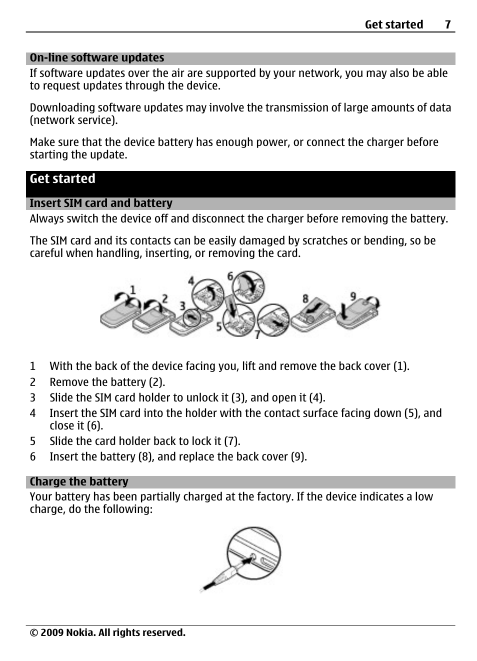 On-line software updates, Get started, Insert sim card and battery | Charge the battery | Nokia 7020 User Manual | Page 7 / 74