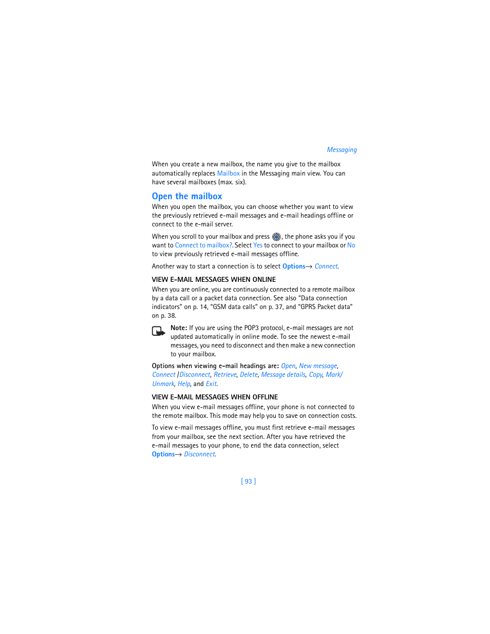 View e-mail messages when online” an, View e-mail messages when offline” on p. 93 f, Open the mailbox | Nokia 3620 User Manual | Page 102 / 209