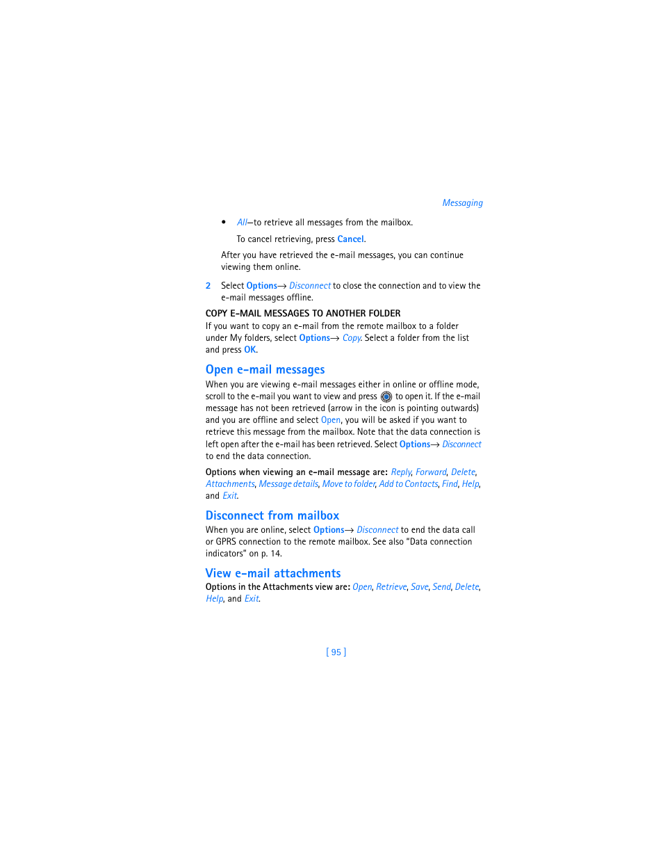 Open e-mail messages, Disconnect from mailbox, View e-mail attachments | Nokia 3620 User Manual | Page 104 / 209
