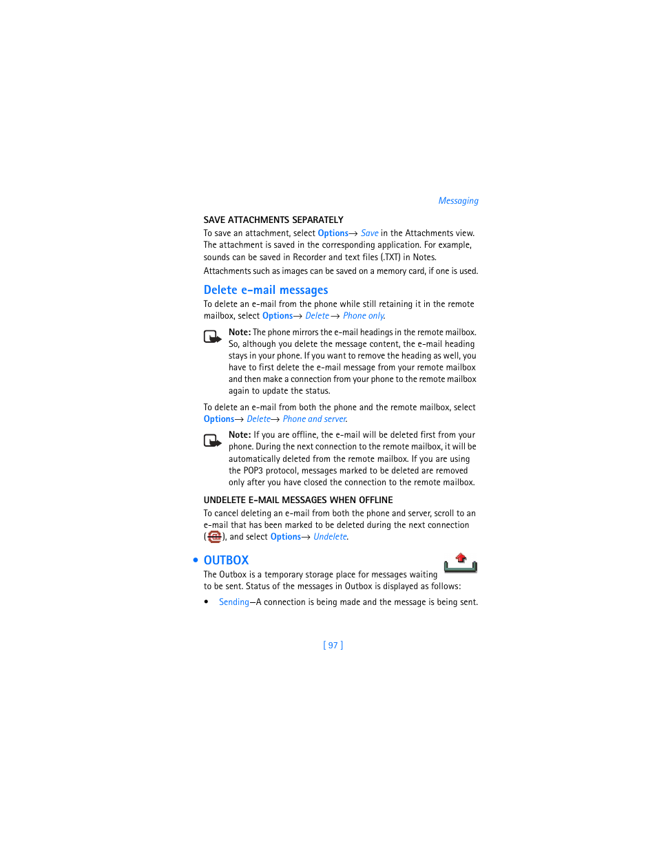 Outbox, Outbox” on p. 97, Delete e-mail messages | Nokia 3620 User Manual | Page 106 / 209