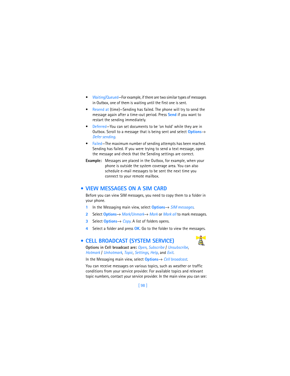 View messages on a sim card, Cell broadcast (system service), View messages on a sim card” on p. 98 | Nokia 3620 User Manual | Page 107 / 209