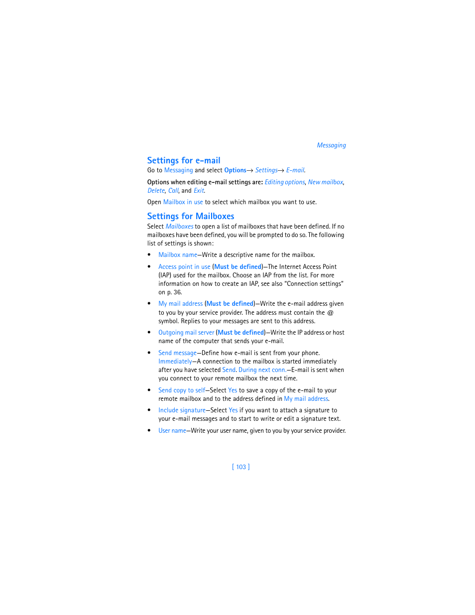 Settings for e-mail” on p. 103, Settings for e-mail, Settings for mailboxes | Nokia 3620 User Manual | Page 112 / 209