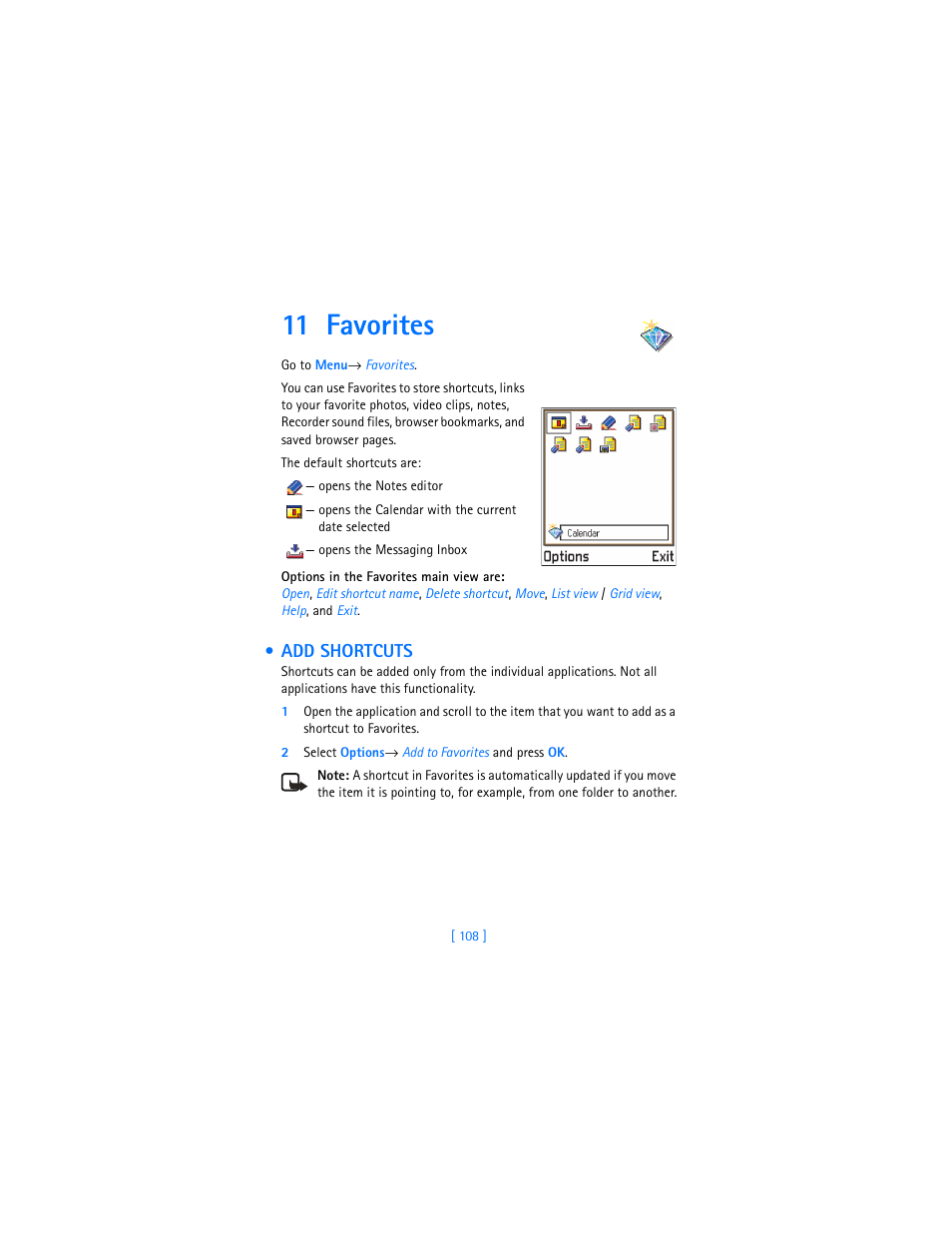 11 favorites, Add shortcuts | Nokia 3620 User Manual | Page 117 / 209