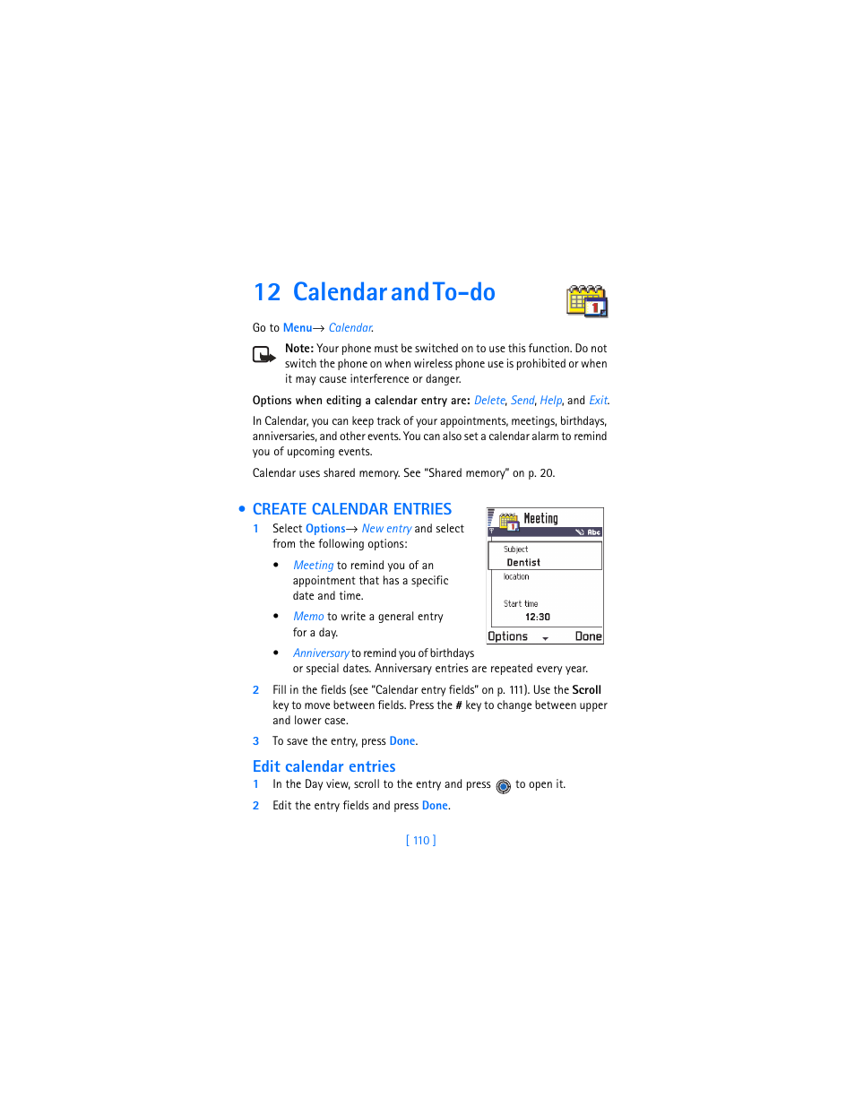 12 calendar and to-do, Create calendar entries, Edit calendar entries | Nokia 3620 User Manual | Page 119 / 209