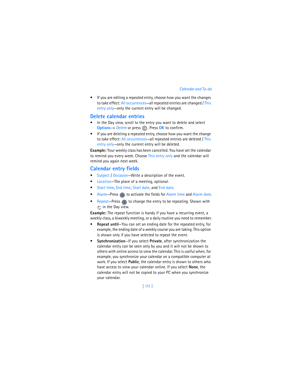 Delete calendar entries, Calendar entry fields | Nokia 3620 User Manual | Page 120 / 209