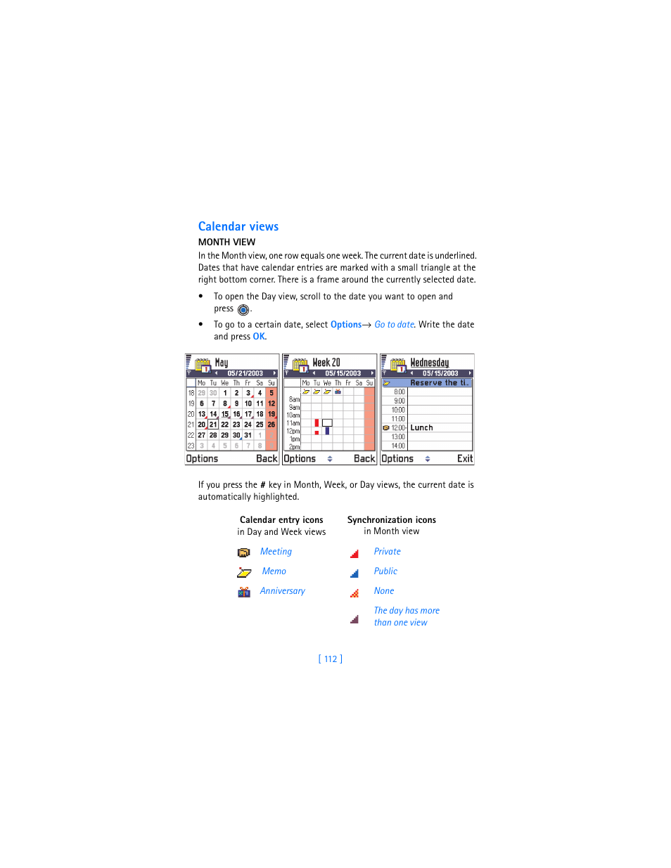 Calendar views | Nokia 3620 User Manual | Page 121 / 209