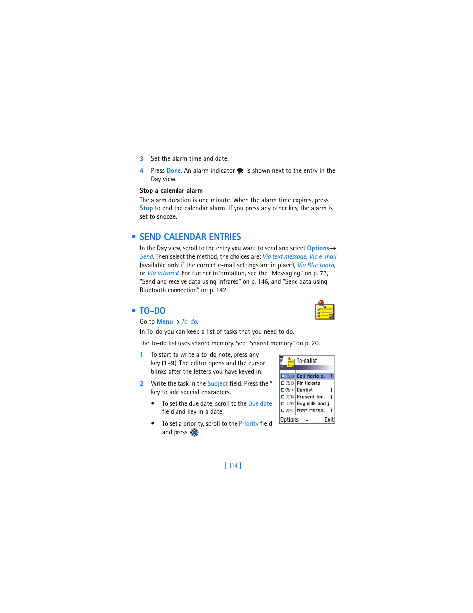 Send calendar entries, To-do, Send calendar entries” on p. 114 | Nokia 3620 User Manual | Page 123 / 209