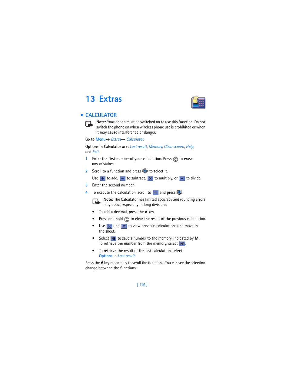 13 extras, Calculator | Nokia 3620 User Manual | Page 125 / 209