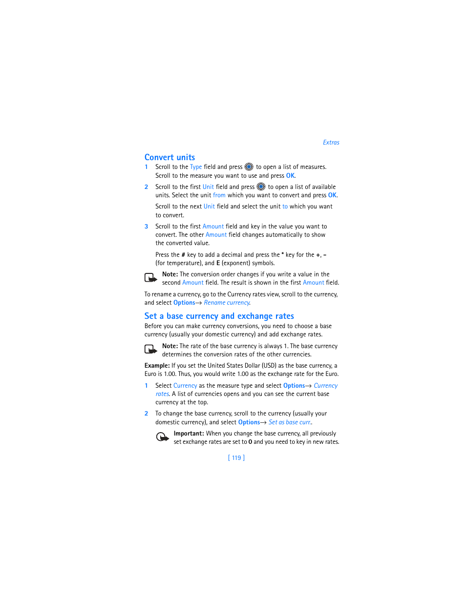 Convert units, Set a base currency and exchange rates | Nokia 3620 User Manual | Page 128 / 209