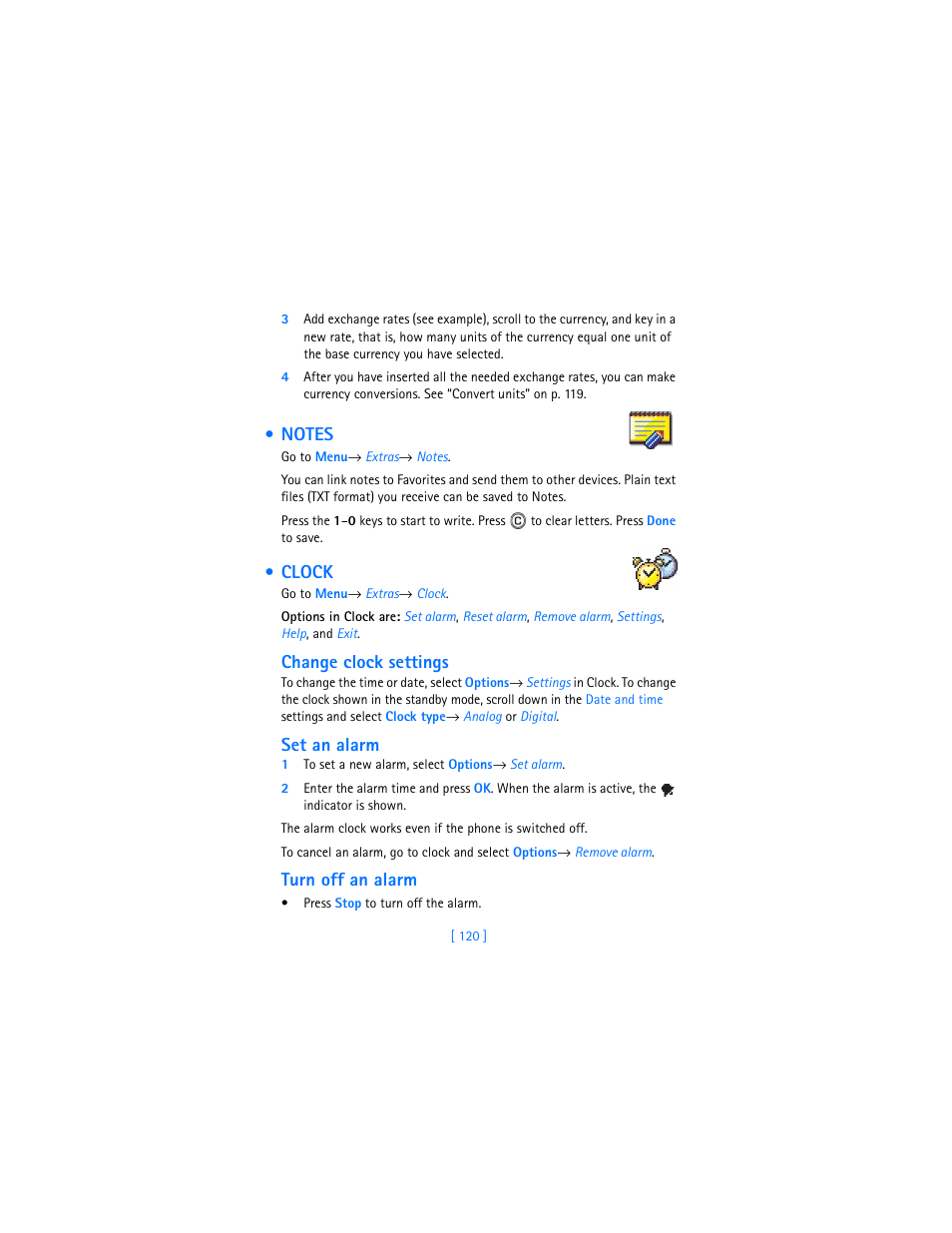 Notes, Clock, Clock” on p. 120 | Change clock settings, Set an alarm, Turn off an alarm | Nokia 3620 User Manual | Page 129 / 209