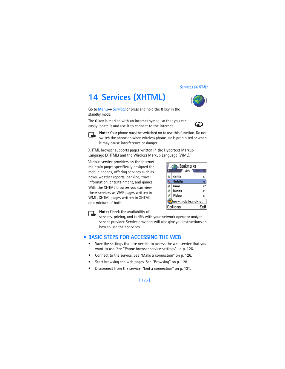 14 services (xhtml), Basic steps for accessing the web | Nokia 3620 User Manual | Page 134 / 209