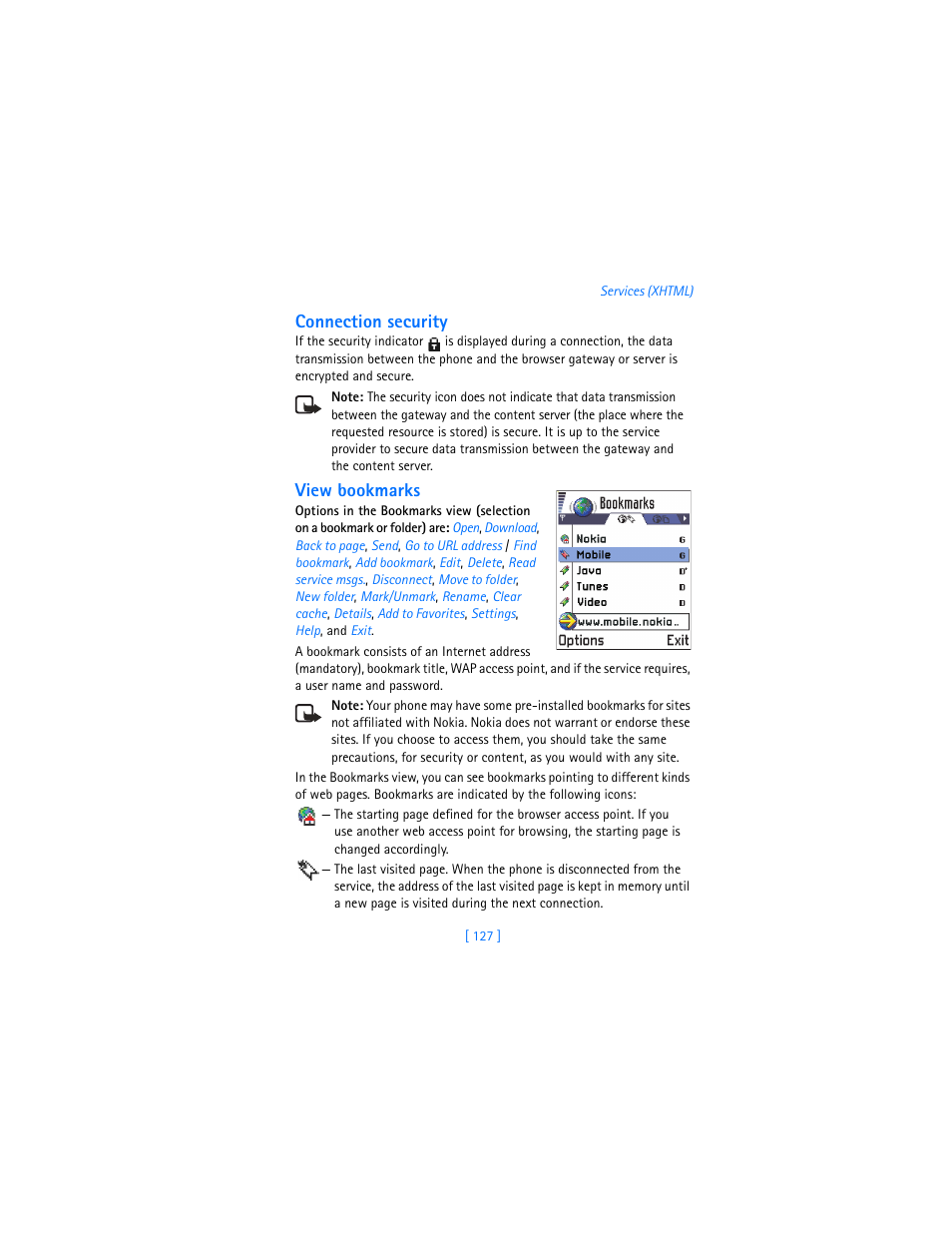 Connection security, View bookmarks | Nokia 3620 User Manual | Page 136 / 209