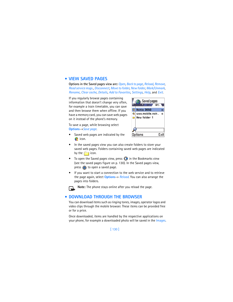 Download through the browser, View saved pages | Nokia 3620 User Manual | Page 139 / 209