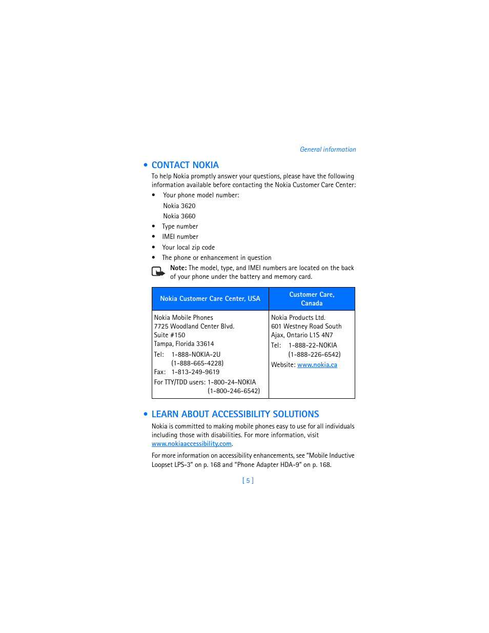 Contact nokia, Learn about accessibility solutions | Nokia 3620 User Manual | Page 14 / 209