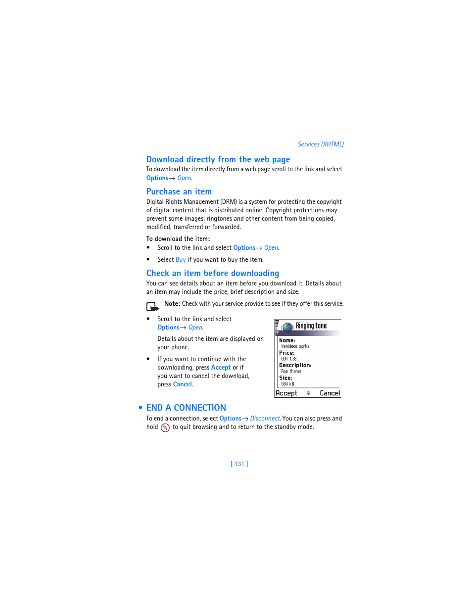 End a connection, End a connection” on p. 131, Download directly from the web page | Purchase an item, Check an item before downloading | Nokia 3620 User Manual | Page 140 / 209