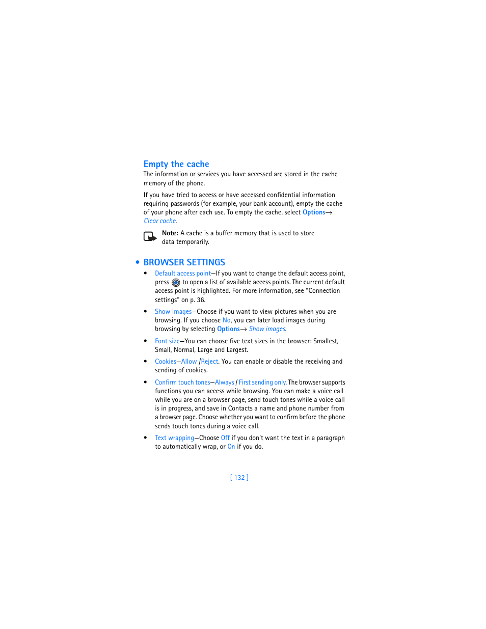 Browser settings, Empty the cache | Nokia 3620 User Manual | Page 141 / 209