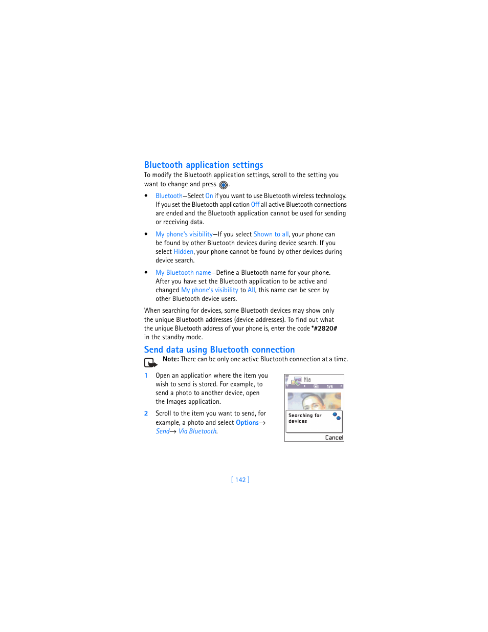 D “send data using bluetooth connection” on p. 142, Send data using bluetooth connection” on p. 142, Bluetooth application settings | Send data using bluetooth connection | Nokia 3620 User Manual | Page 151 / 209