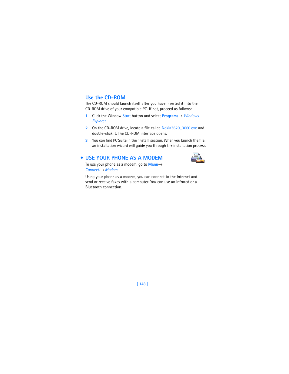 Use your phone as a modem, Use the cd-rom | Nokia 3620 User Manual | Page 157 / 209