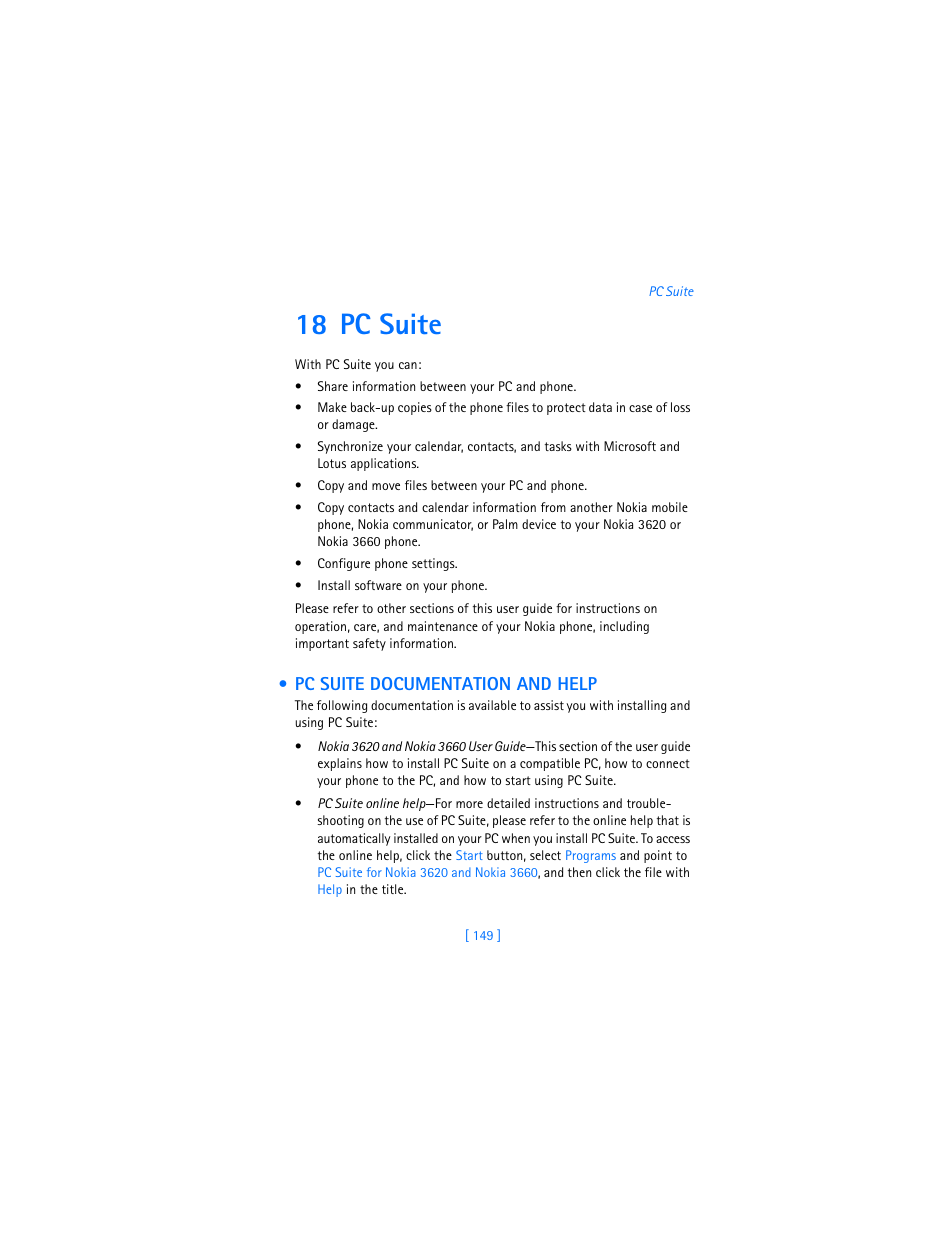 18 pc suite, Pc suite documentation and help | Nokia 3620 User Manual | Page 158 / 209