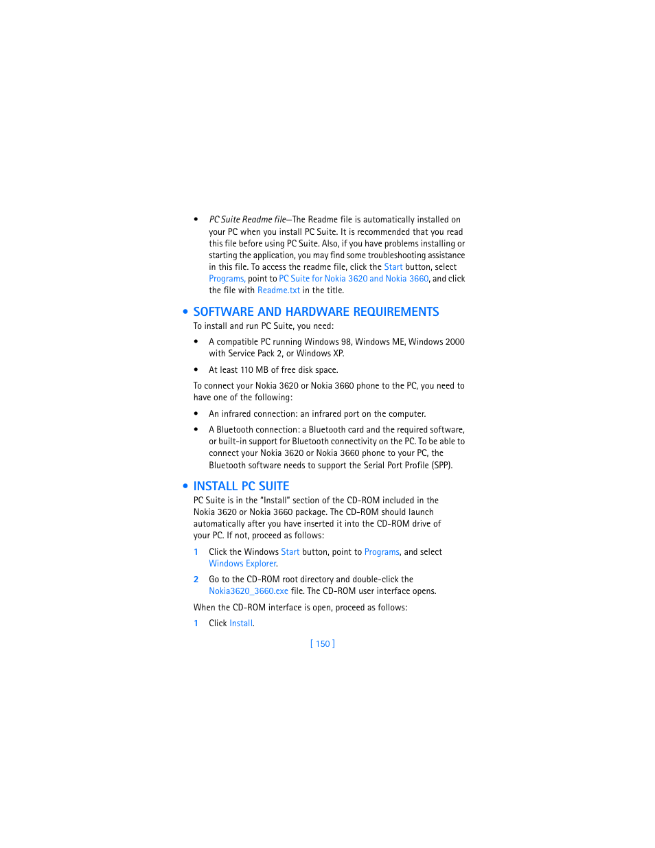 Software and hardware requirements, Install pc suite | Nokia 3620 User Manual | Page 159 / 209