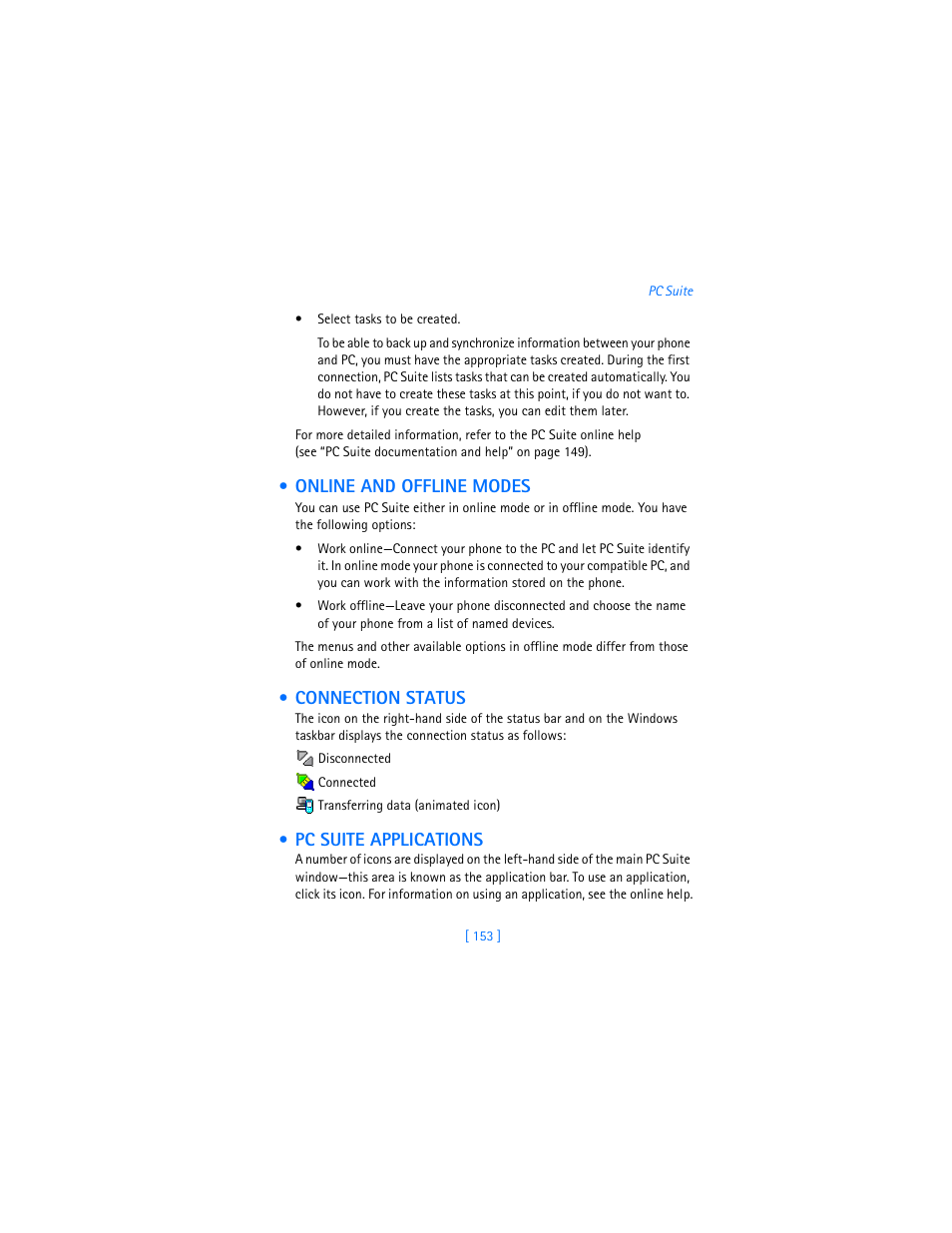 Online and offline modes, Connection status, Pc suite applications | Nokia 3620 User Manual | Page 162 / 209