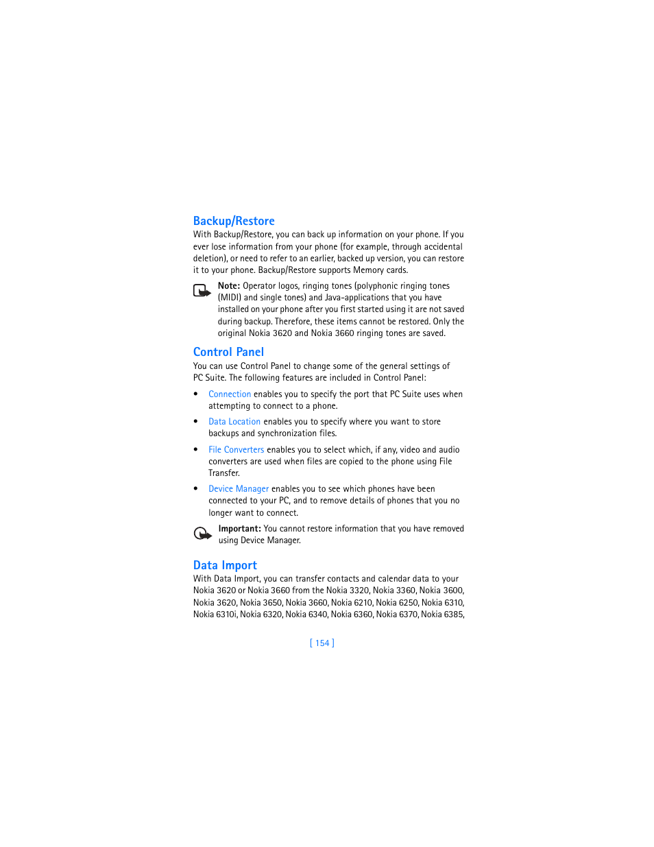 Backup/restore, Control panel, Data import | Nokia 3620 User Manual | Page 163 / 209