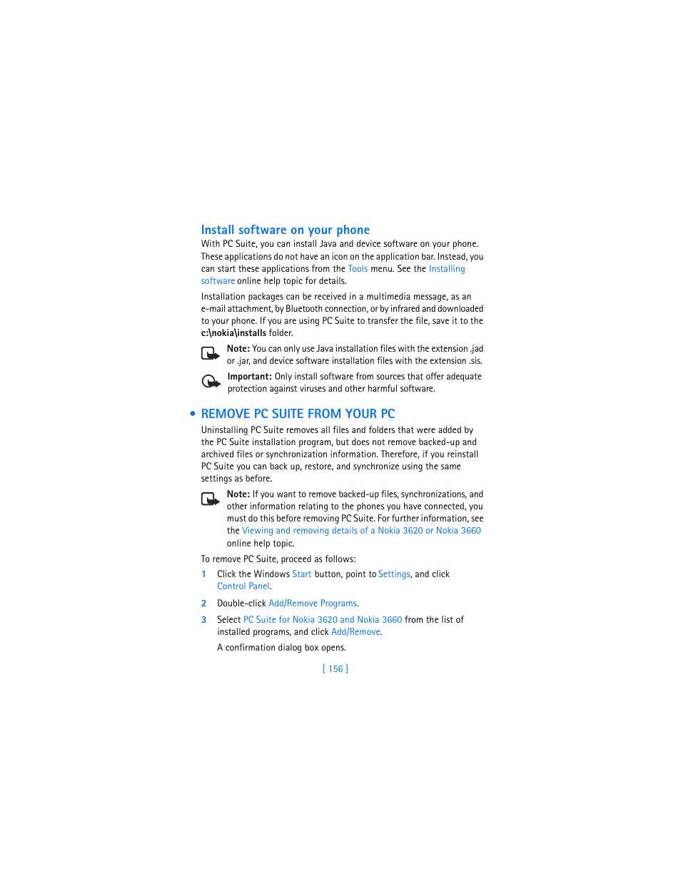 Remove pc suite from your pc, Install software on your phone | Nokia 3620 User Manual | Page 165 / 209