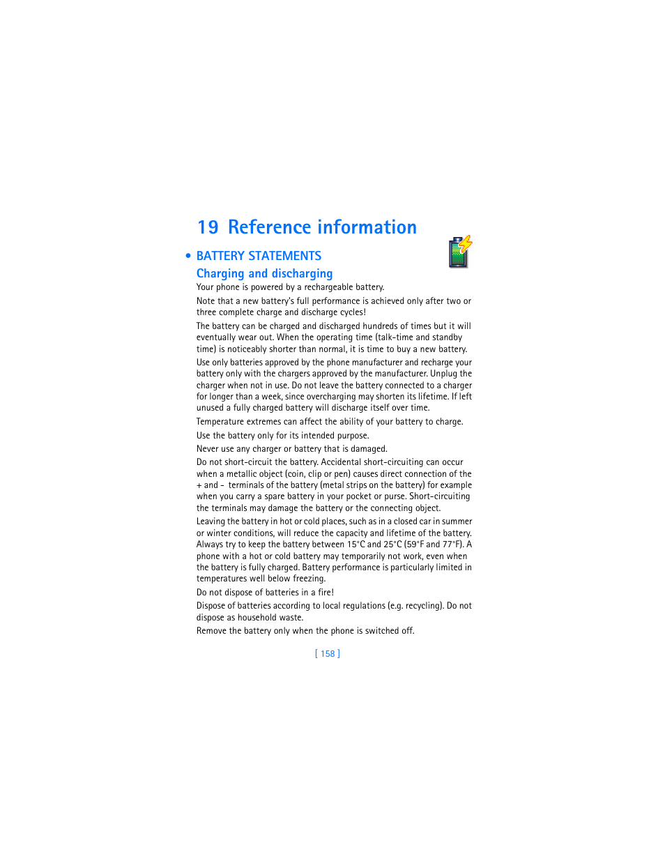 19 reference information, Battery statements | Nokia 3620 User Manual | Page 167 / 209