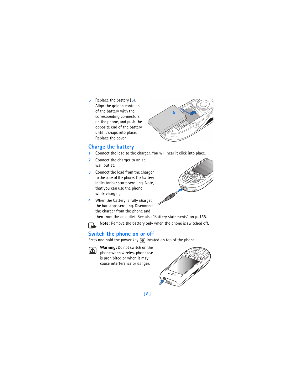 Charge the battery, Switch the phone on or off | Nokia 3620 User Manual | Page 17 / 209