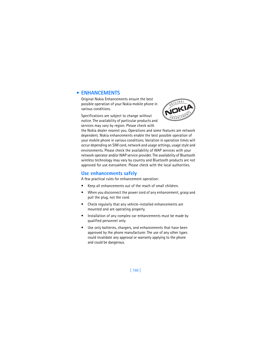 Enhancements, Use enhancements safely | Nokia 3620 User Manual | Page 175 / 209