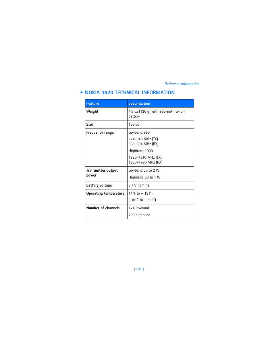 Nokia 3620 technical information | Nokia 3620 User Manual | Page 180 / 209