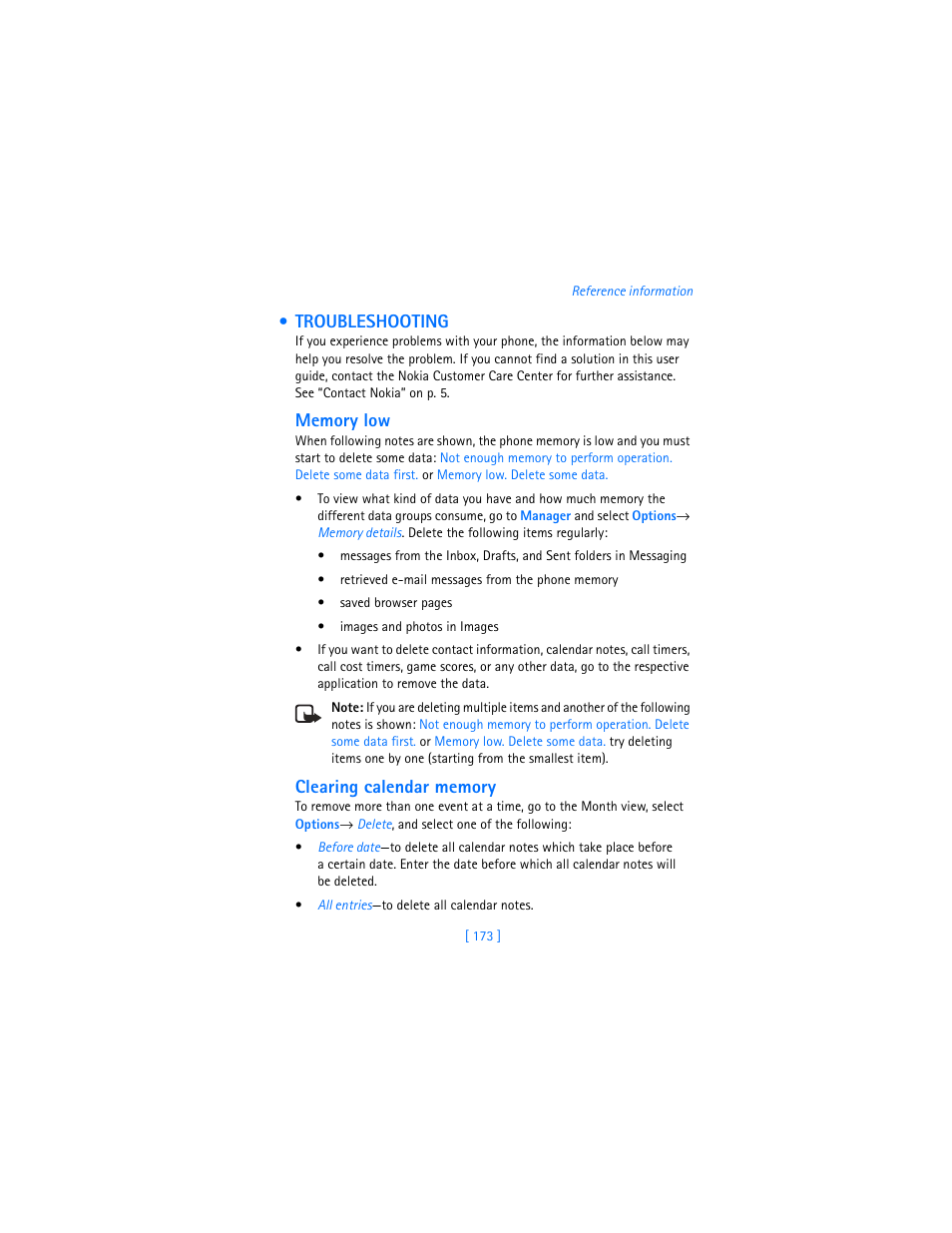 Troubleshooting, Memory low” on p. 173 | Nokia 3620 User Manual | Page 182 / 209