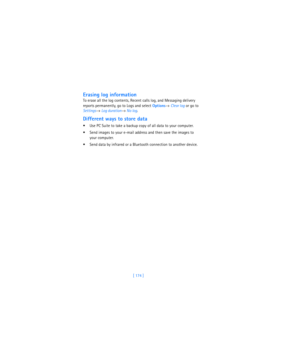 Erasing log information, Different ways to store data | Nokia 3620 User Manual | Page 183 / 209