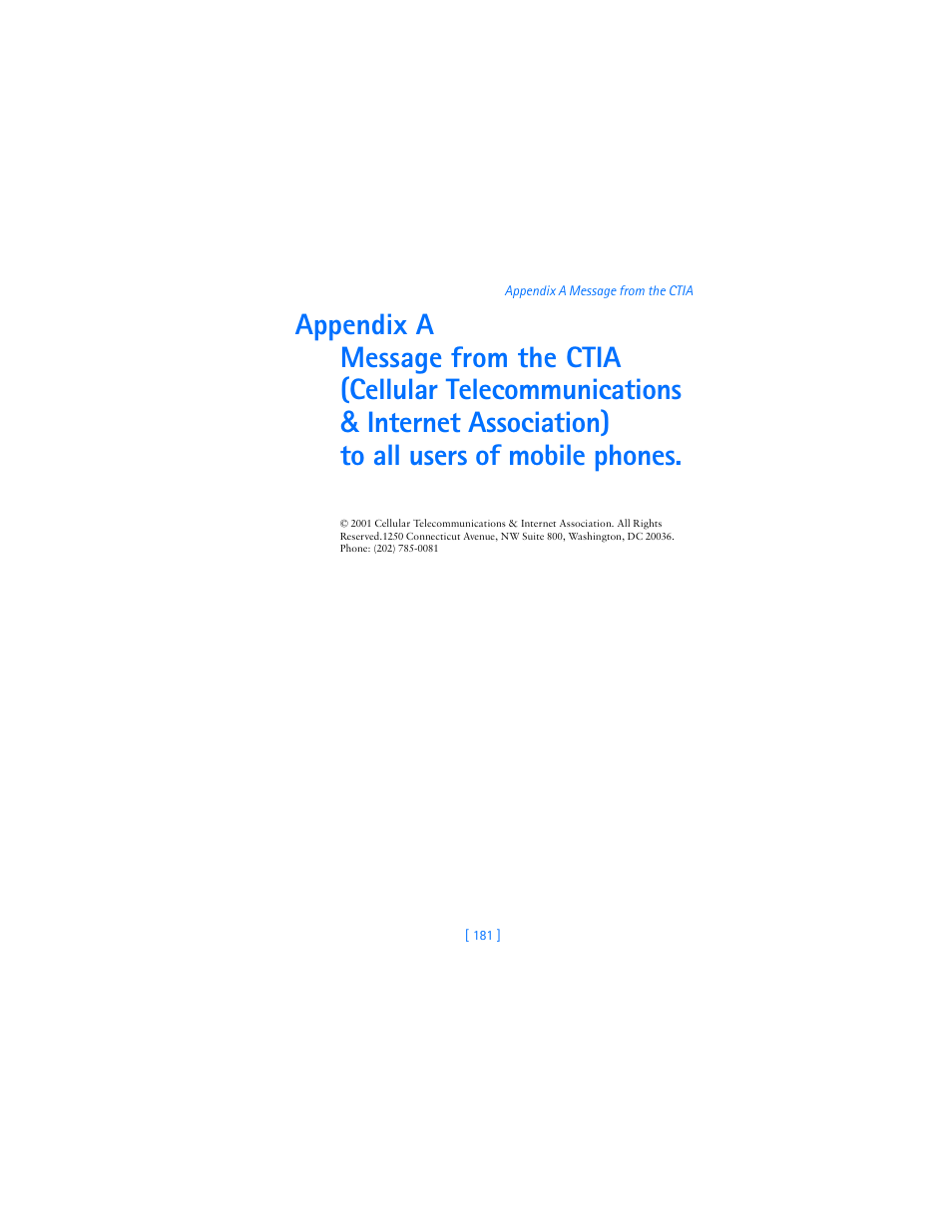 Appendix a message from the ctia | Nokia 3620 User Manual | Page 190 / 209