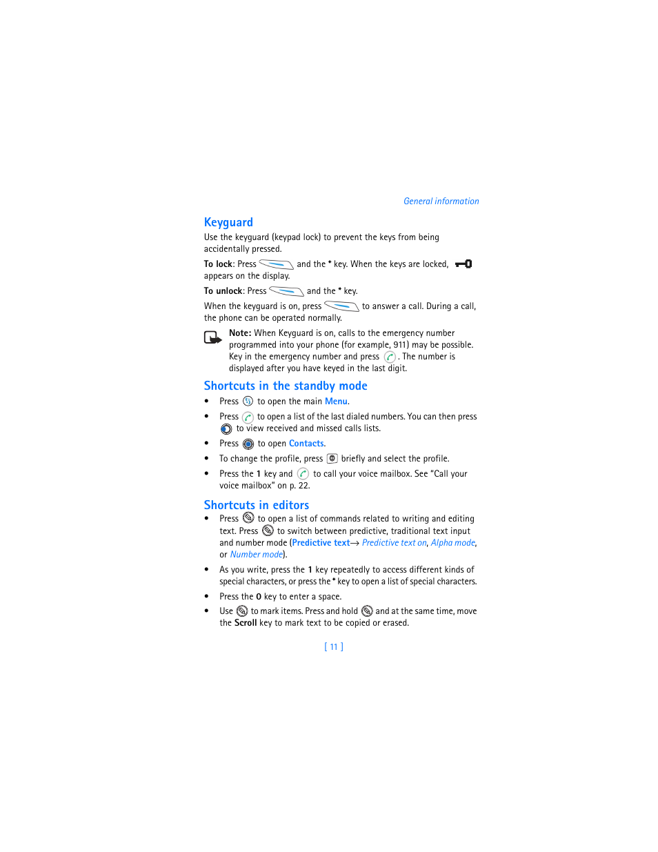 Keyguard, Shortcuts in the standby mode, Shortcuts in editors | Nokia 3620 User Manual | Page 20 / 209