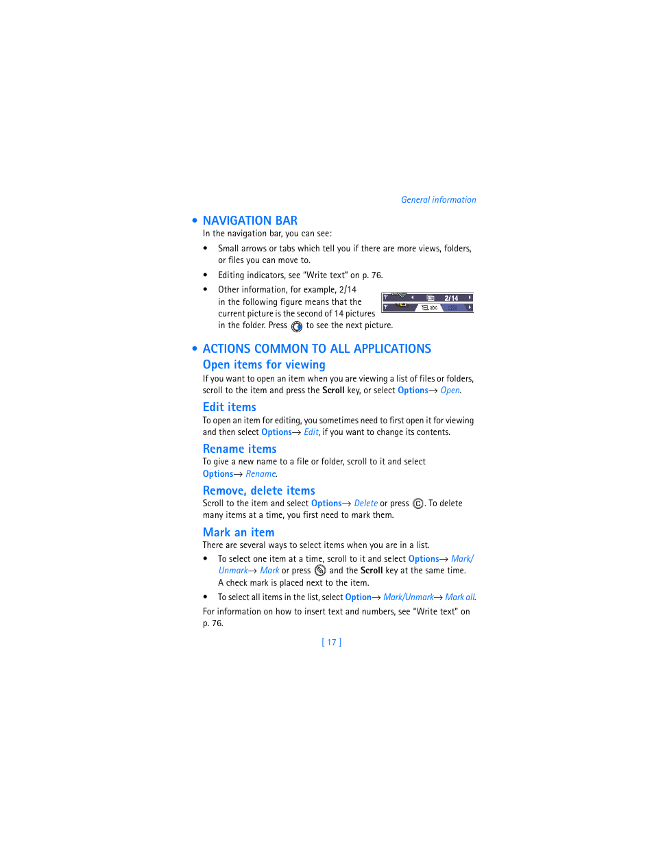 Navigation bar, Actions common to all applications, Navigation bar” on p. 17 | Edit items, Rename items, Remove, delete items, Mark an item | Nokia 3620 User Manual | Page 26 / 209