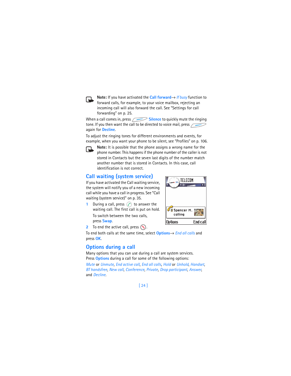 Call waiting (system service), Options during a call | Nokia 3620 User Manual | Page 33 / 209