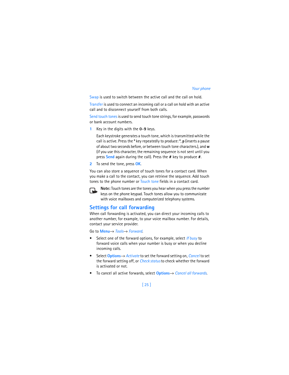 Settings for call forwarding | Nokia 3620 User Manual | Page 34 / 209