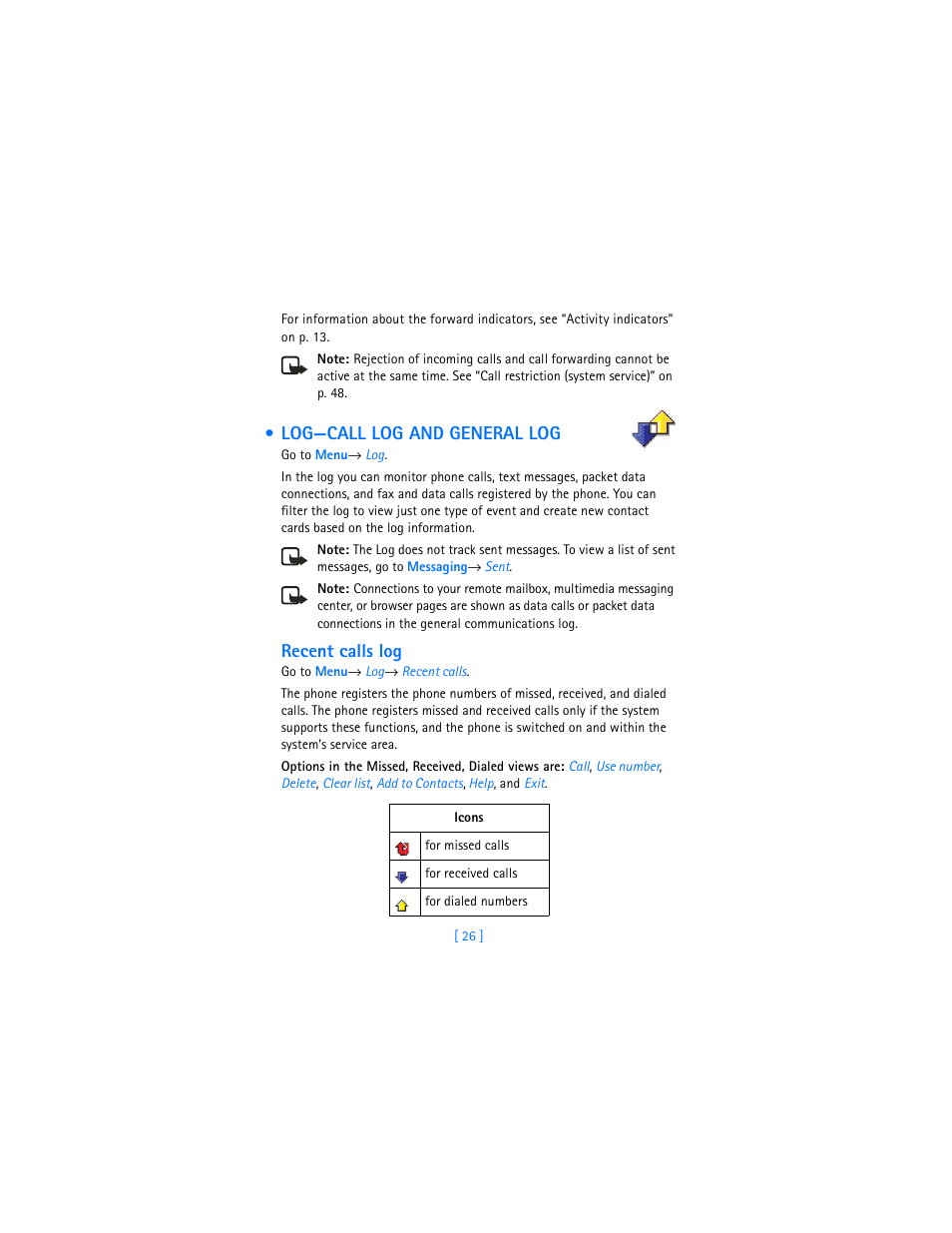 Log-call log and general log, Log—call log and general log, Recent calls log | Nokia 3620 User Manual | Page 35 / 209