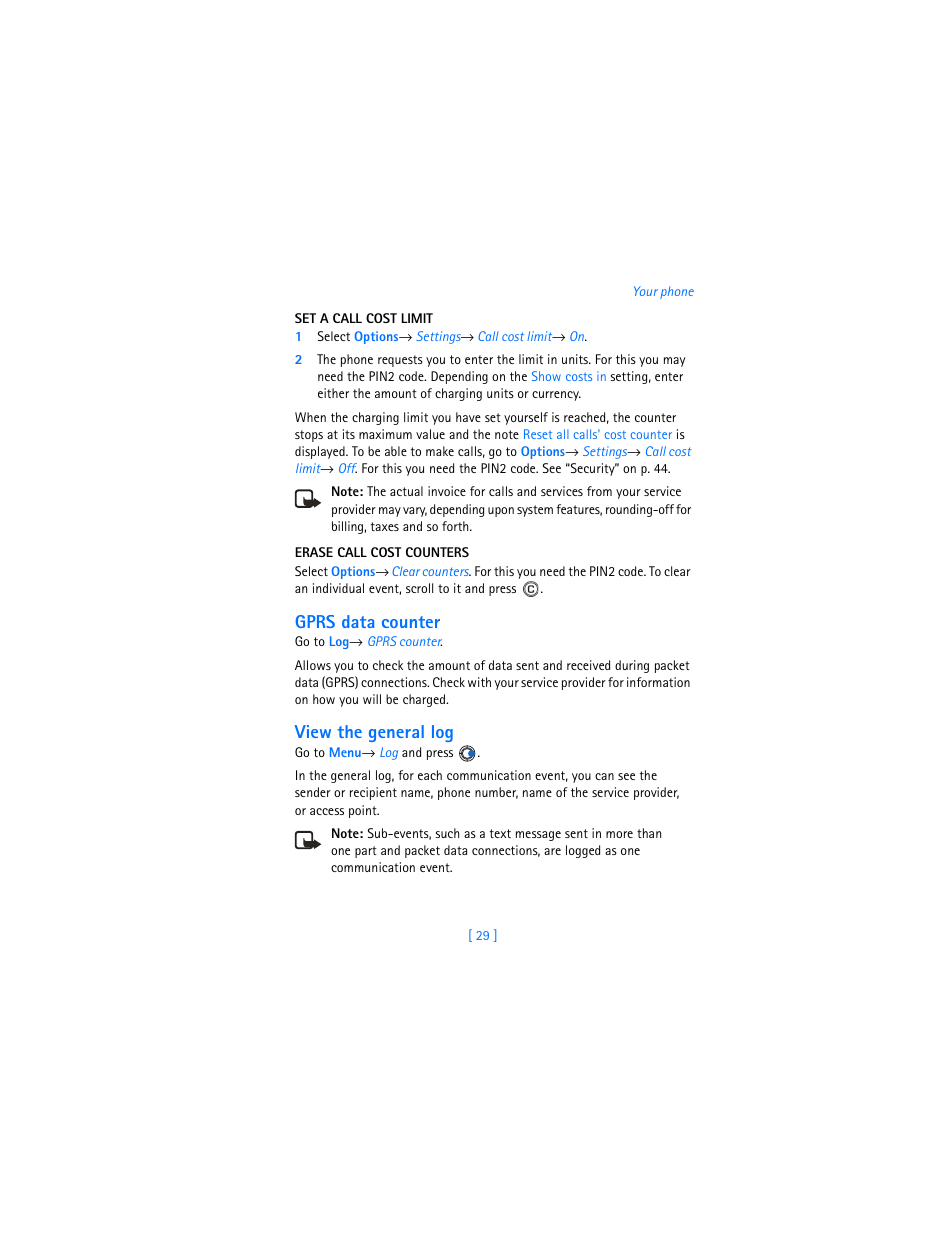 Gprs data counter, View the general log | Nokia 3620 User Manual | Page 38 / 209